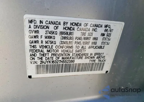 2007 Honda Ridgeline Rtx z USA, uszkodzony, nr VIN 2HJYK16327H552380